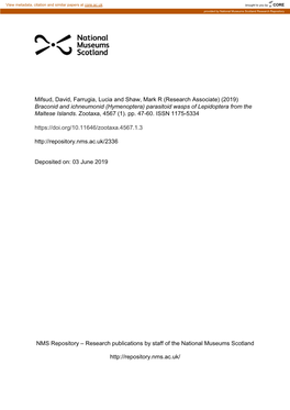 (2019) Braconid and Ichneumonid (Hymenoptera) Parasitoid Wasps of Lepidoptera from the Maltese Islands