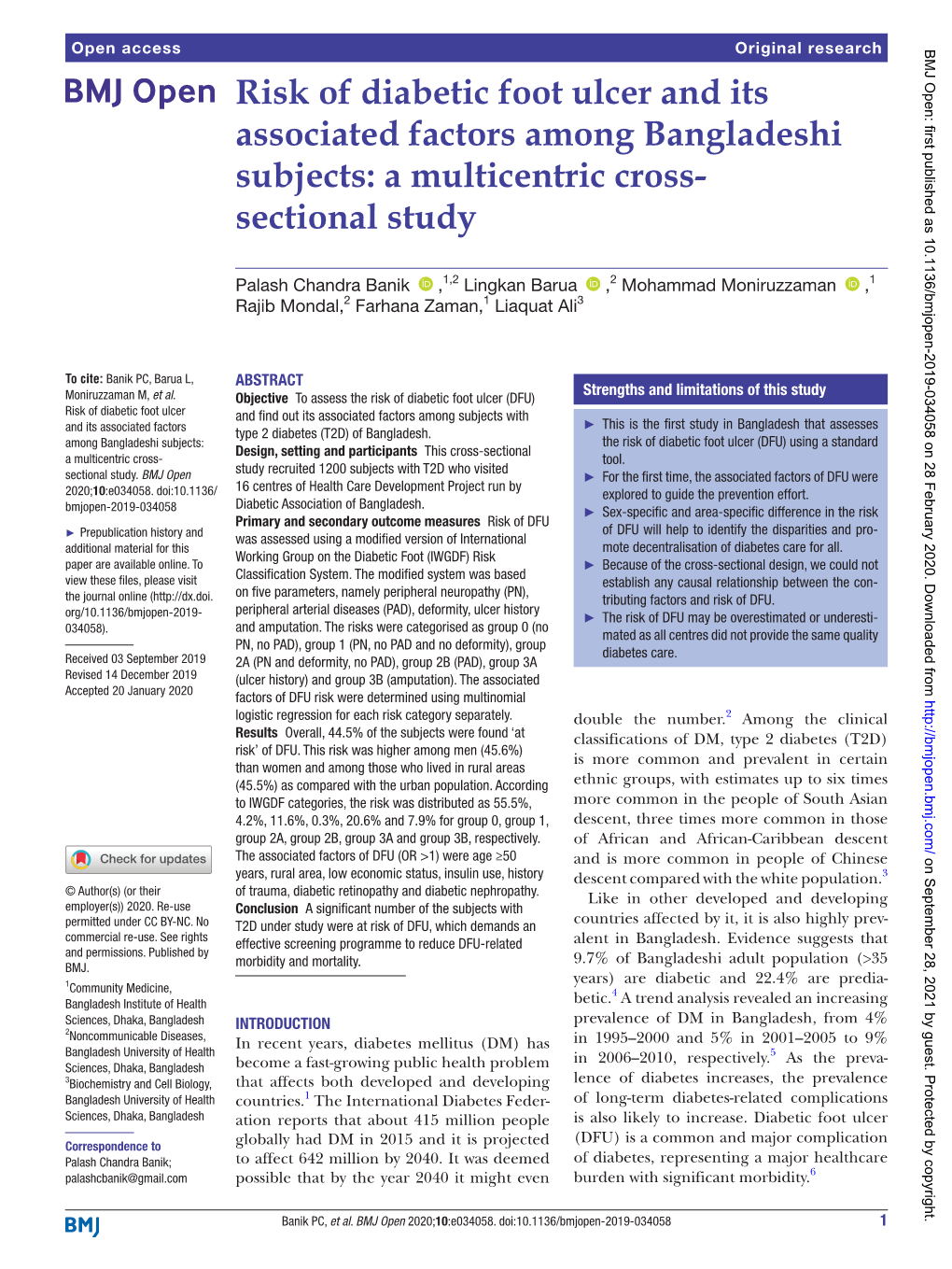 Risk of Diabetic Foot Ulcer and Its Associated Factors Among Bangladeshi Subjects: a Multicentric Cross-­ Sectional Study