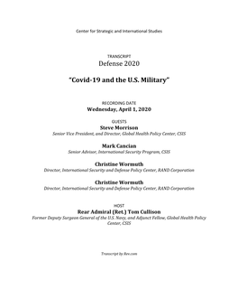 Defense 2020 “Covid-19 and the U.S. Military”