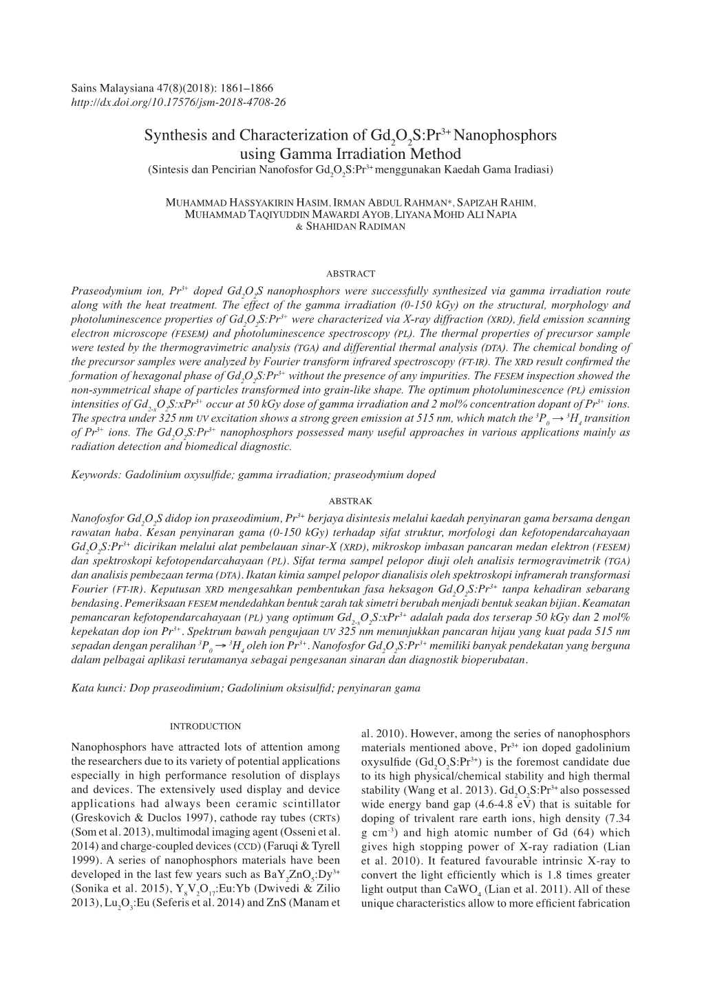 Synthesis and Characterization of Gd2o2s:Pr3+ Nanophosphors