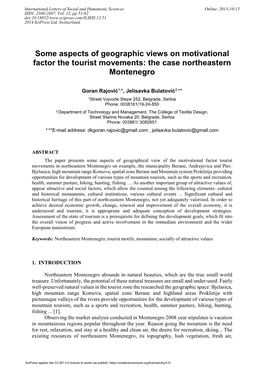 Some Aspects of Geographic Views on Motivational Factor the Tourist Movements: the Case Northeastern Montenegro
