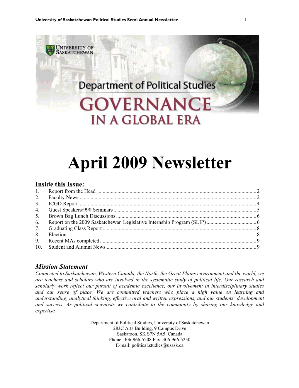 April 2009 Newsletter