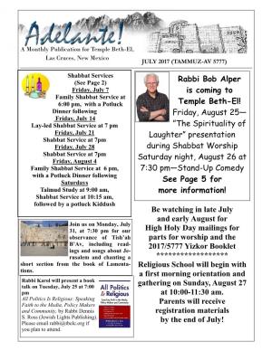 Rabbi Bob Alper Is Coming to Temple Beth-El! Friday, August 25