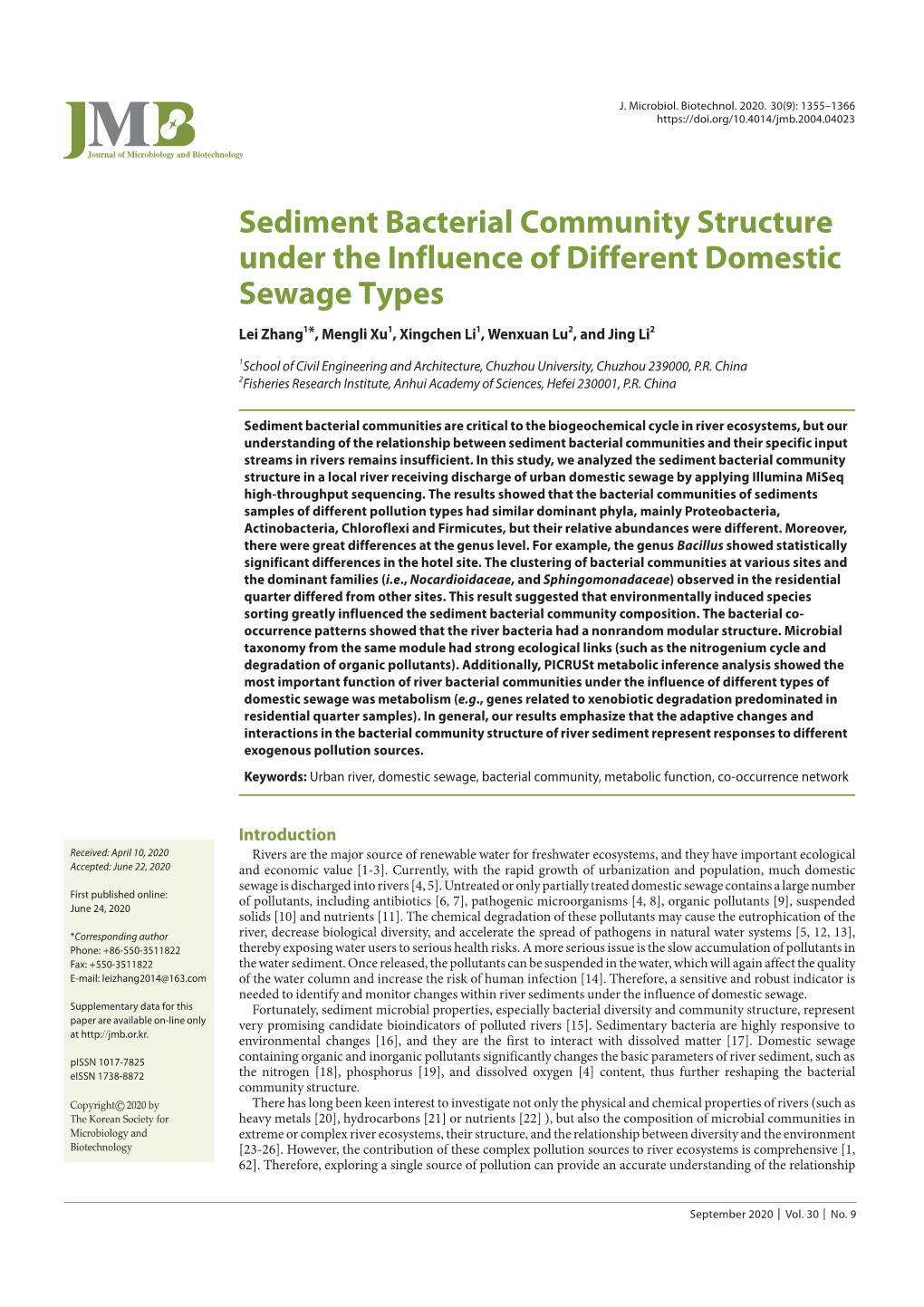 Sediment Bacterial Community Structure Under the Influence of Different Domestic Sewage Types