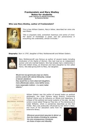 Frankenstein and Mary Shelley Notes for Students (With Reference to Almost Invincible) by Suzanne Burdon