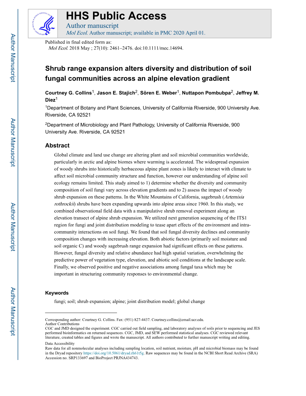 Shrub Range Expansion Alters Diversity and Distribution of Soil Fungal Communities Across an Alpine Elevation Gradient