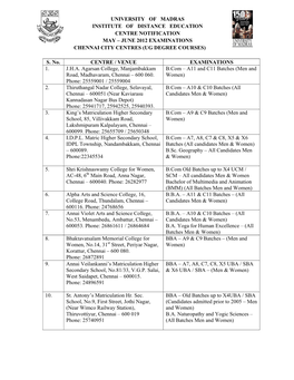 University of Madras Institute of Distance Education Centre Notification May – June 2012 Examinations Chennai City Centres (Ug Degree Courses)