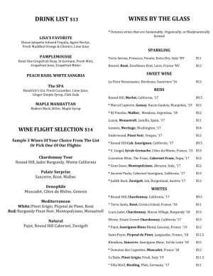 Drink List $13 Wines by the Glass