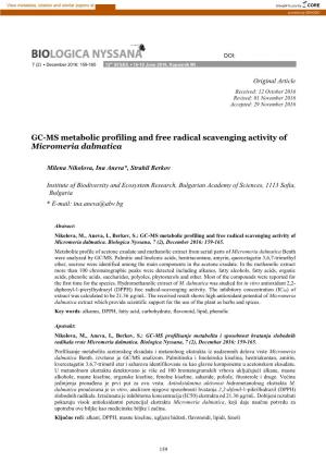 GC-MS Metabolic Profiling and Free Radical Scavenging Activity of Micromeria Dalmatica