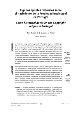 Algunos Apuntes Históricos Sobre El Nacimiento De La Propiedad Intelectual En Portugal Some Historical Notes on the Copyright Origins in Portugal