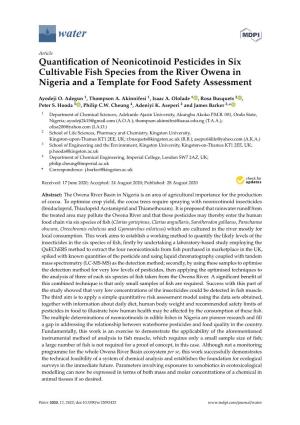 Quantification of Neonicotinoid Pesticides in Six Cultivable Fish Species from the River Owena in Nigeria and a Template For