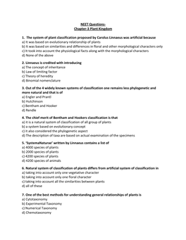 Chapter-3 Plant Kingdom 1. the System of Plant Classification