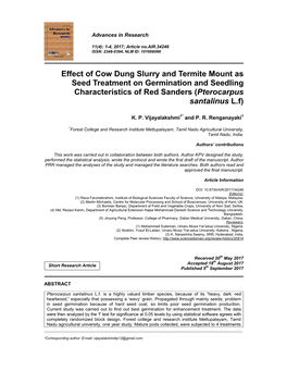 Effect of Cow Dung Slurry and Termite Mount As Seed Treatment on Germination and Seedling Characteristics of Red Sanders (Pterocarpus Santalinus L.F)
