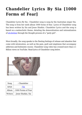 Chandelier Lyrics by Sia [1000 Forms of Fear]
