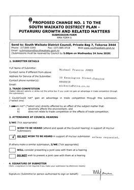 Proposed Change No. 1 to the South Waikato District Plan - Putaruru Growth and Related Matters Submission Form Rma Form 5