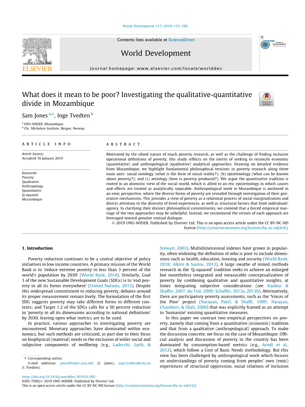 What Does It Mean to Be Poor? Investigating the Qualitative-Quantitative Divide in Mozambique ⇑ Sam Jones A, , Inge Tvedten B a UNU-WIDER, Mozambique B Chr