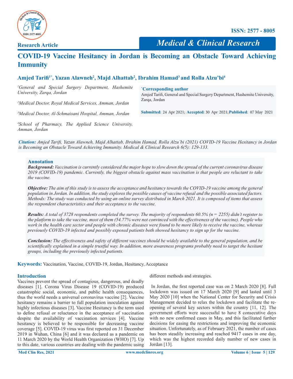 COVID-19 Vaccine Hesitancy in Jordan Is Becoming an Obstacle Toward Achieving Immunity