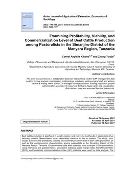 Examining Profitability, Viability, and Commercialization Level of Beef Cattle Production Among Pastoralists in the Simanjiro Di