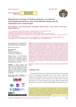 Reproductive Biology of Puntius Denisonii, an Endemic and Threatened Aquarium Fish of the Western Ghats and Its Implications for Conservation