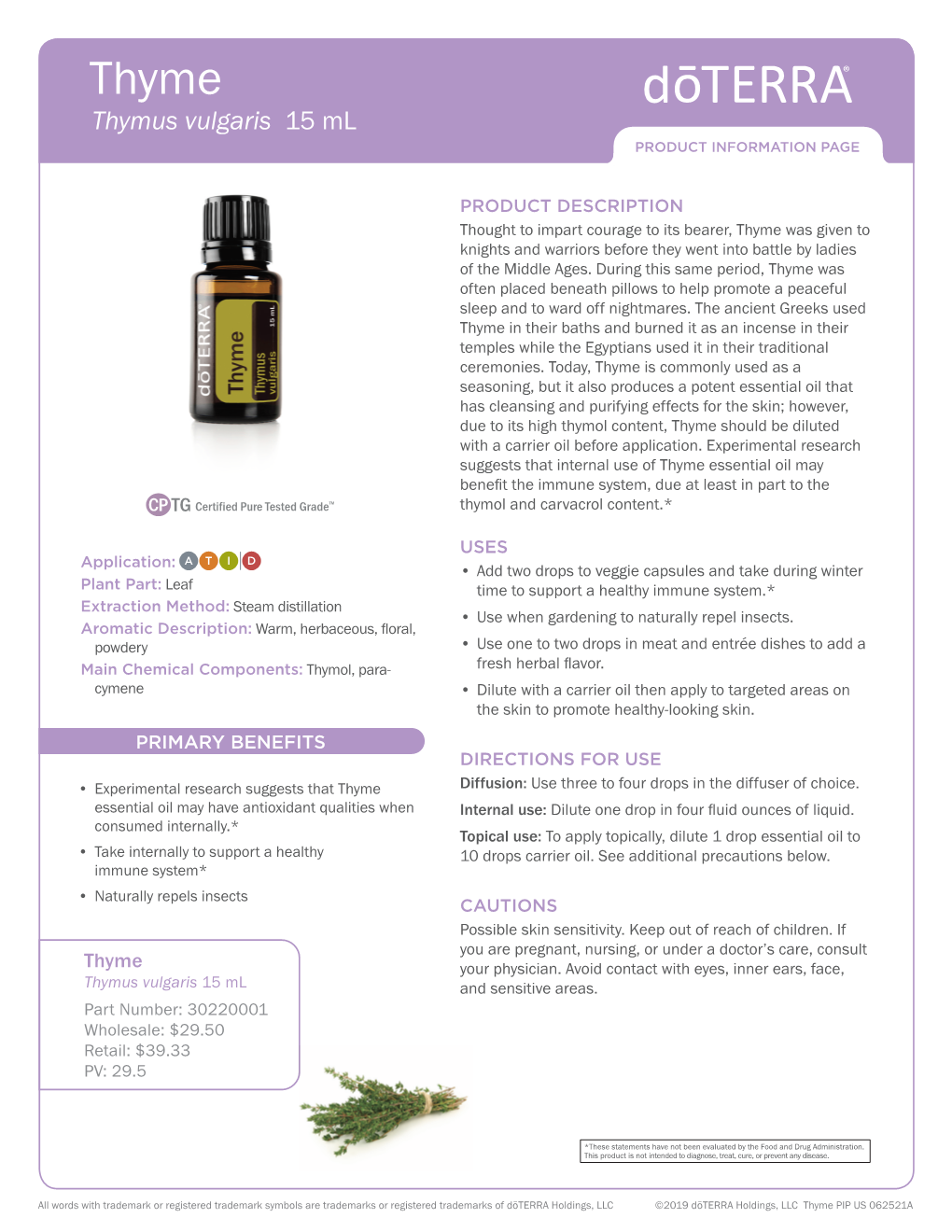 Thyme Thymus Vulgaris 15 Ml PRODUCT INFORMATION PAGE