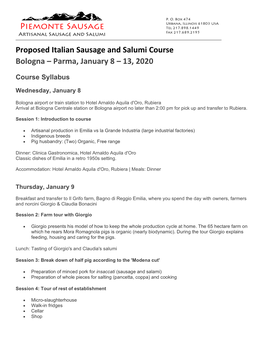 Proposed Italian Sausage and Salumi Course Bologna – Parma, January 8 – 13, 2020