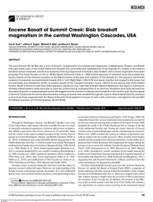 RESEARCH Eocene Basalt of Summit Creek: Slab Breakoff Magmatism in the Central Washington Cascades