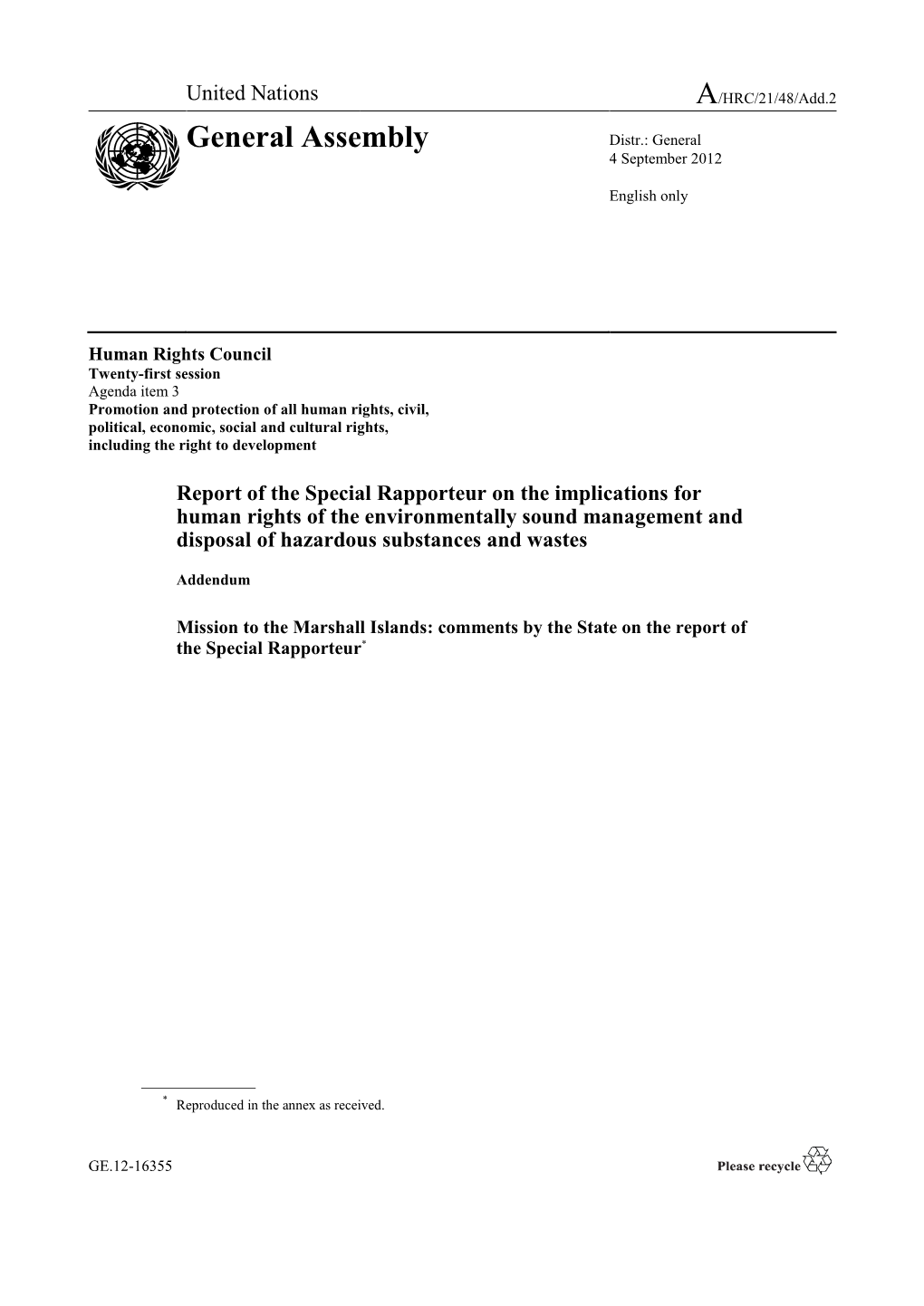 Mission to the Marshall Islands: Comments by the State on the Report of the Special Rapporteur*