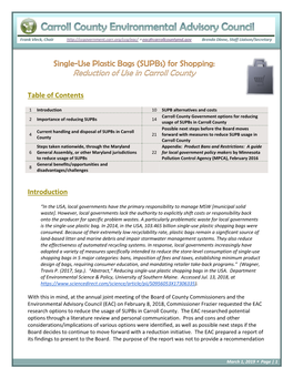 Single-Use Plastic Bags (Supbs) for Shopping: Reduction of Use in Carroll County