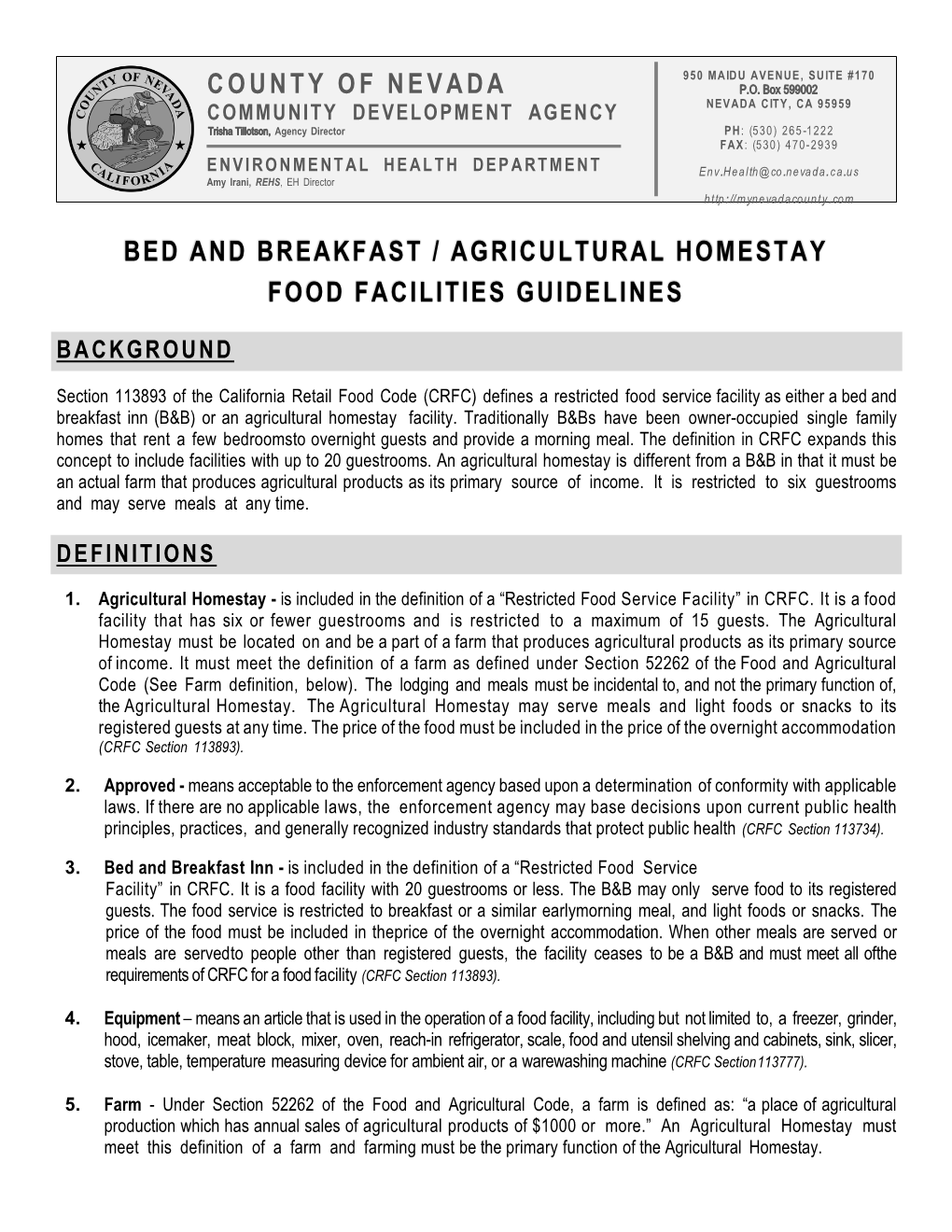 Bed and Breakfast / Agricultural Homestay Food Facilities Guidelines