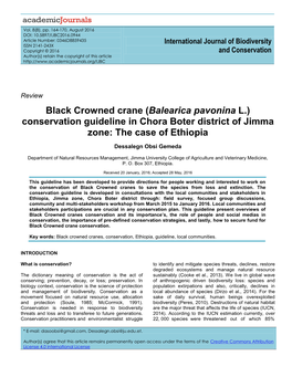 Black Crowned Crane (Balearica Pavonina L.) Conservation Guideline in Chora Boter District of Jimma Zone: the Case of Ethiopia