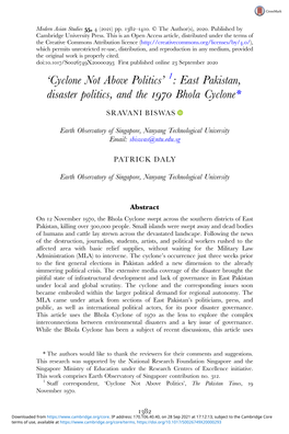 East Pakistan, Disaster Politics, and the Bhola Cyclone