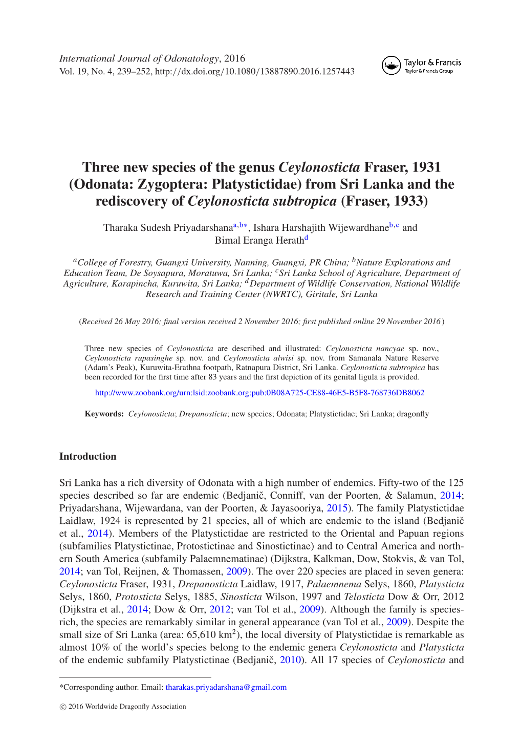 Odonata: Zygoptera: Platystictidae) from Sri Lanka and the Rediscovery of Ceylonosticta Subtropica (Fraser, 1933)