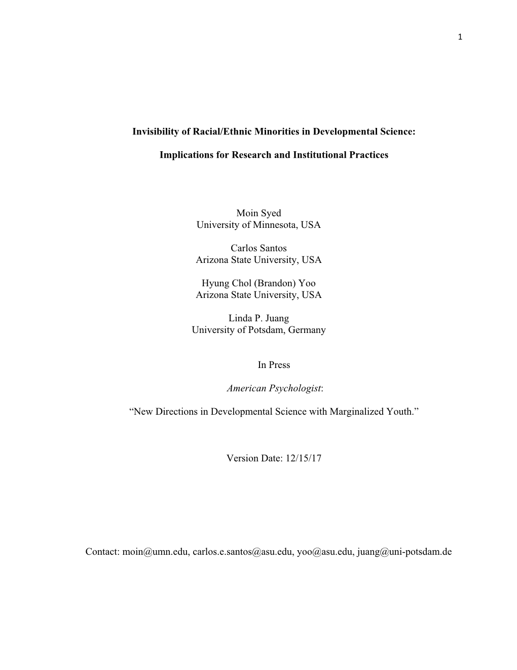 Invisibility of Racial/Ethnic Minorities in Developmental Science