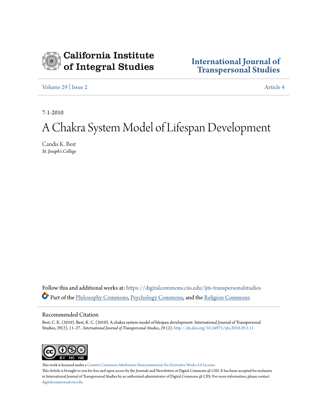 A Chakra System Model of Lifespan Development Candis K