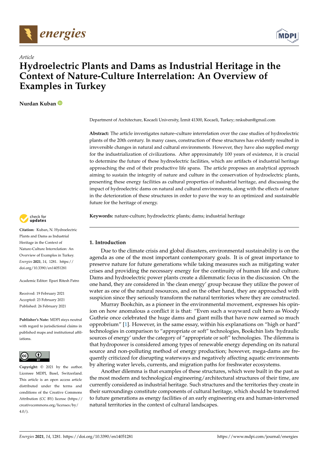 Hydroelectric Plants and Dams As Industrial Heritage in the Context of Nature-Culture Interrelation: an Overview of Examples in Turkey