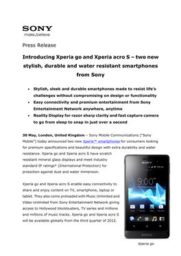 Press Release Introducing Xperia Go and Xperia Acro S – Two New Stylish