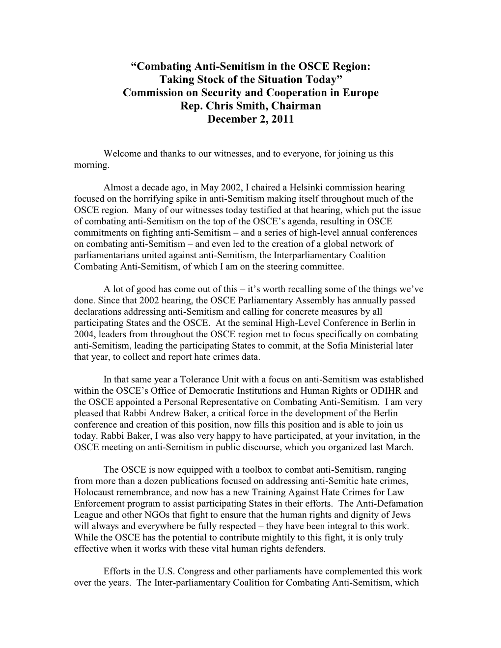 Combating Anti-Semitism in the OSCE Region: Taking Stock of the Situation Today” Commission on Security and Cooperation in Europe Rep