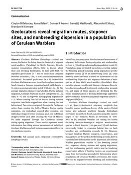 Geolocators Reveal Migration Routes, Stopover Sites, and Nonbreeding Dispersion in a Population of Cerulean Warblers