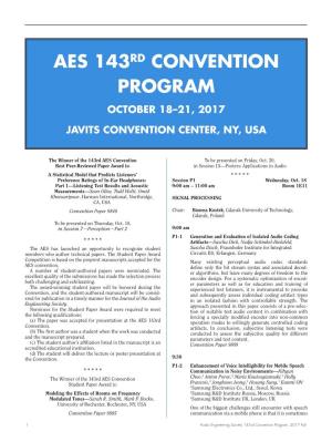 Aes 143Rd Convention Program October 18–21, 2017
