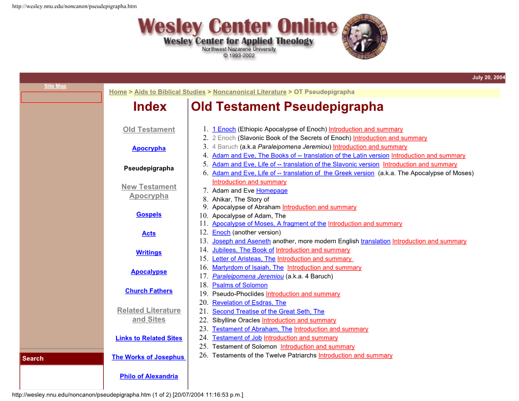 OT Pseudepigrapha Index Old Testament Pseudepigrapha