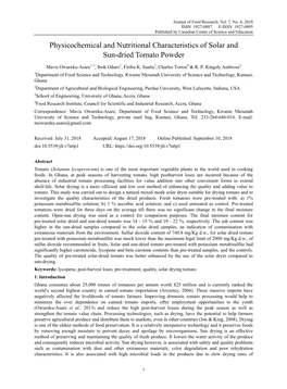 Physicochemical and Nutritional Characteristics of Solar and Sun-Dried Tomato Powder
