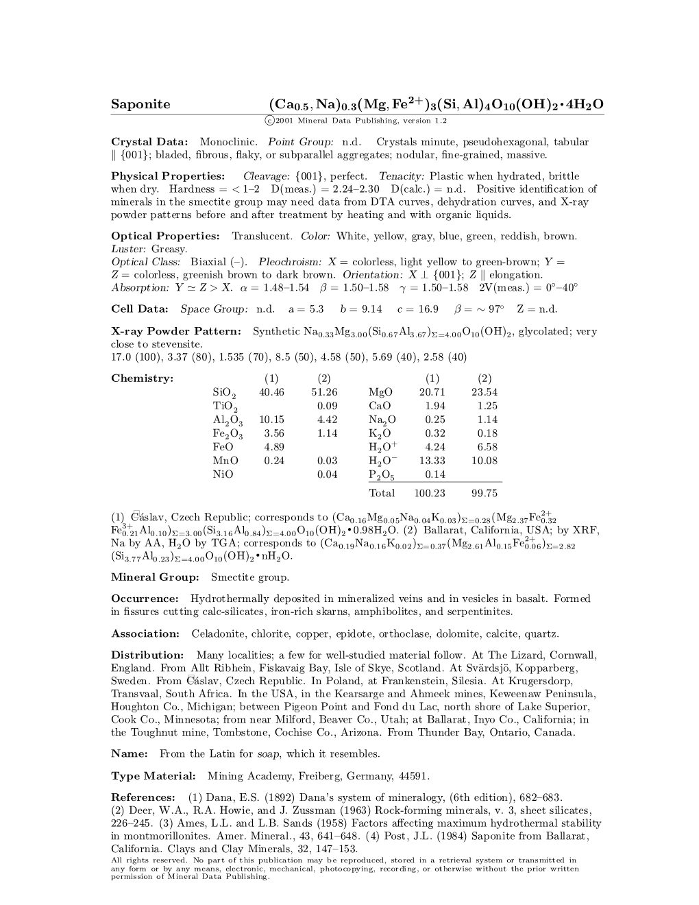 Saponite (Ca0:5; Na)0:3(Mg; Fe )3(Si; Al)4O10(OH)2 ² 4H2O C 2001 Mineral Data Publishing, Version 1.2 ° Crystal Data: Monoclinic