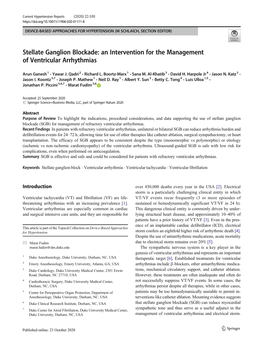 Stellate Ganglion Blockade: an Intervention for the Management of Ventricular Arrhythmias