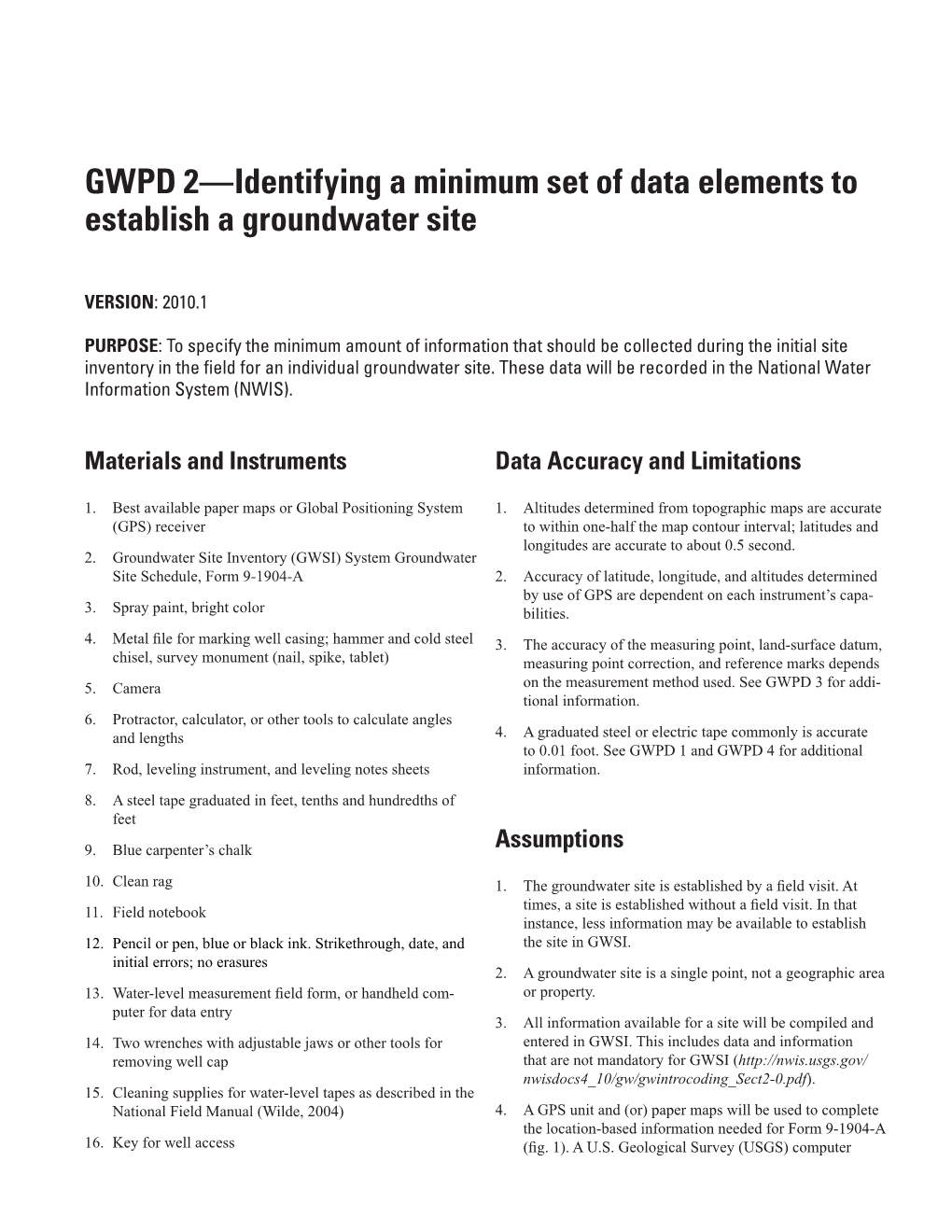 GWPD 2—Identifying a Minimum Set of Data Elements to Establish a Groundwater Site
