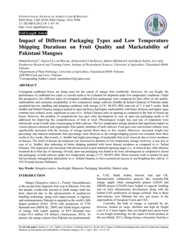 Impact of Different Packaging Types and Low Temperature Shipping Durations on Fruit Quality and Marketability of Pakistani Mangoes