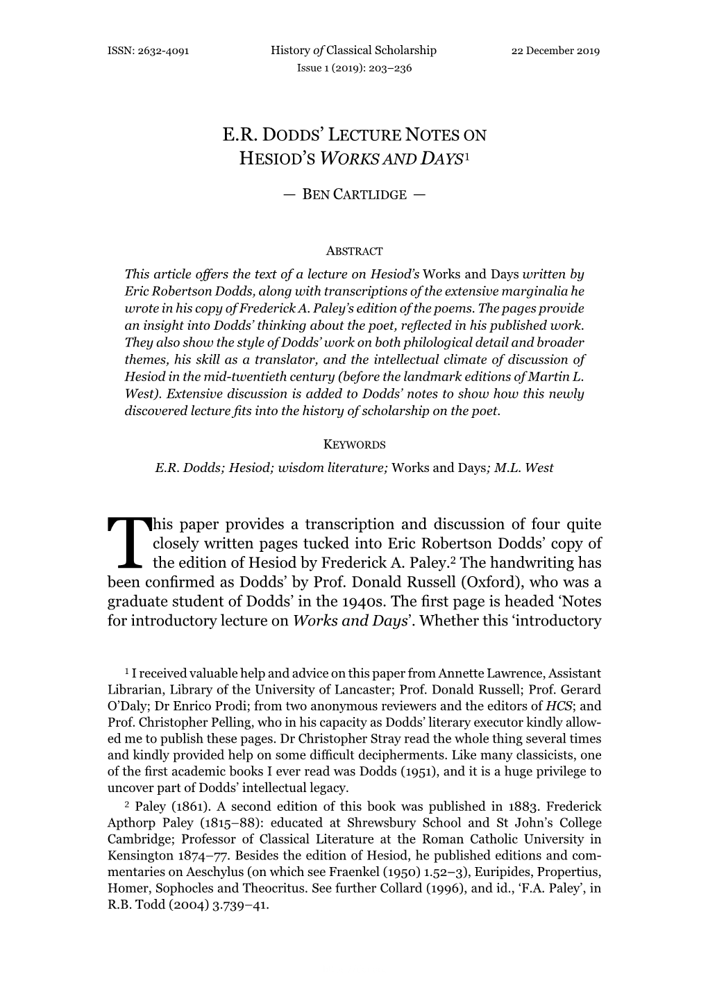 E.R. Dodds' Lecture Notes on Hesiod's Works and Days