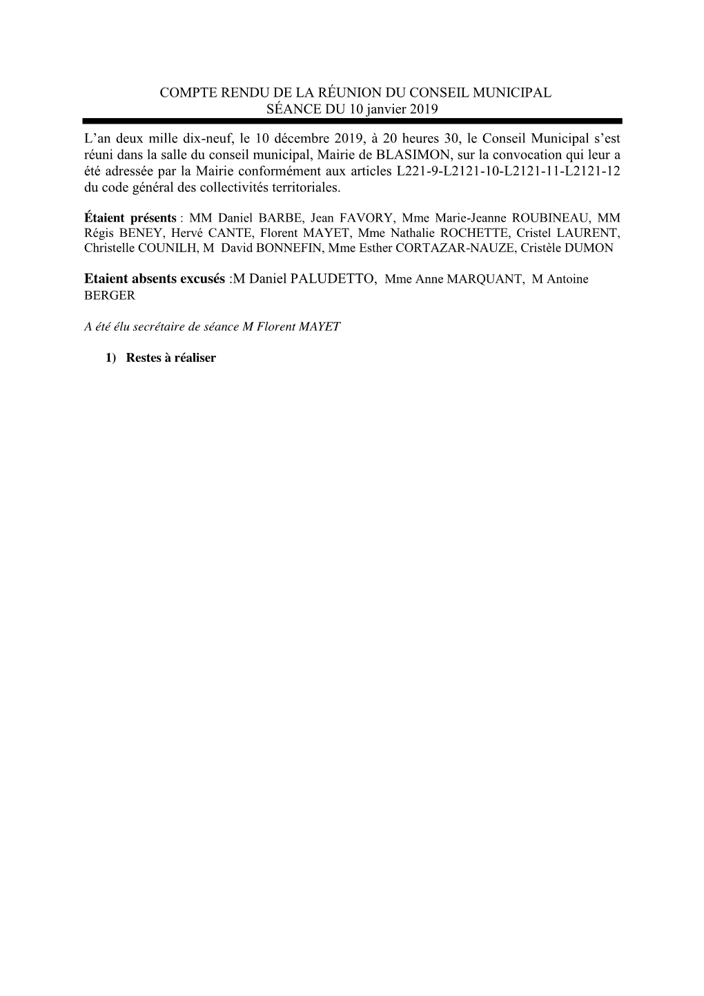 COMPTE RENDU DE LA RÉUNION DU CONSEIL MUNICIPAL SÉANCE DU 10 Janvier 2019