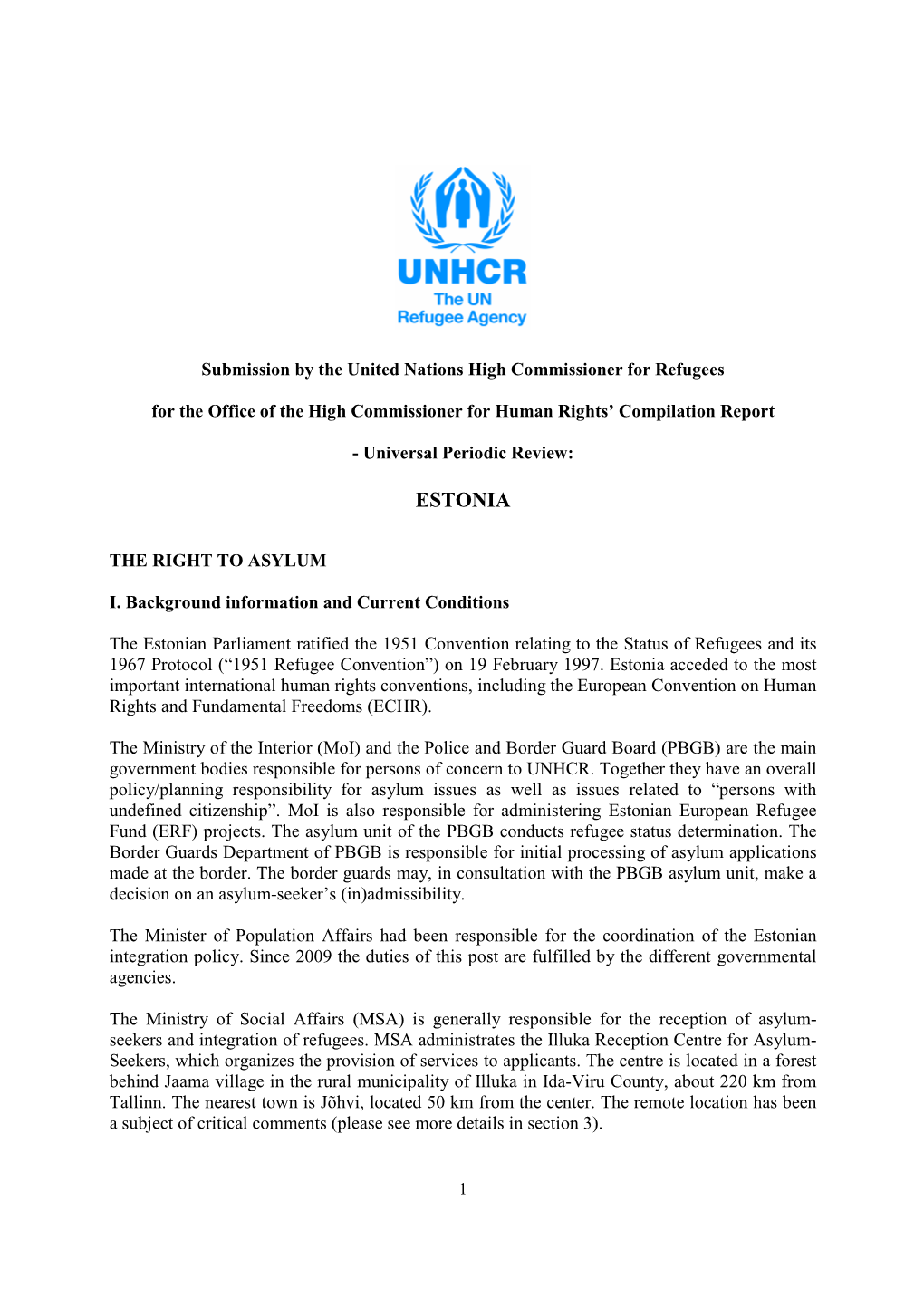 UNHCR Submission Estonia UPR 10Th Session