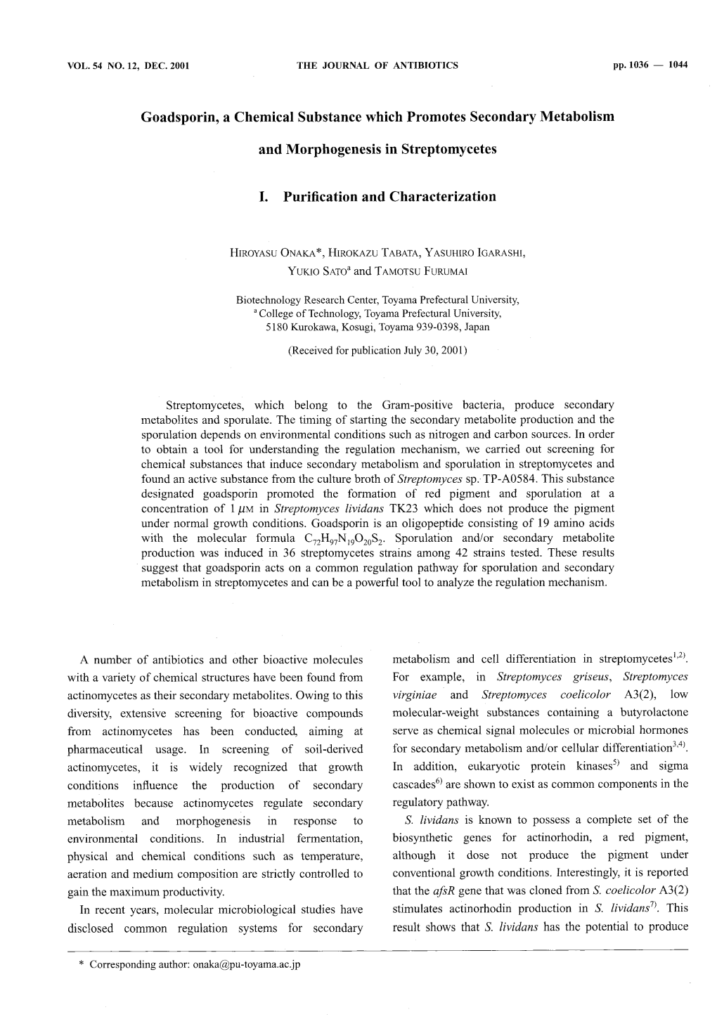 Goadsporin, a Chemical Substance Which Promotes Secondary Metabolism and Morphogenesisin Streptomycetes