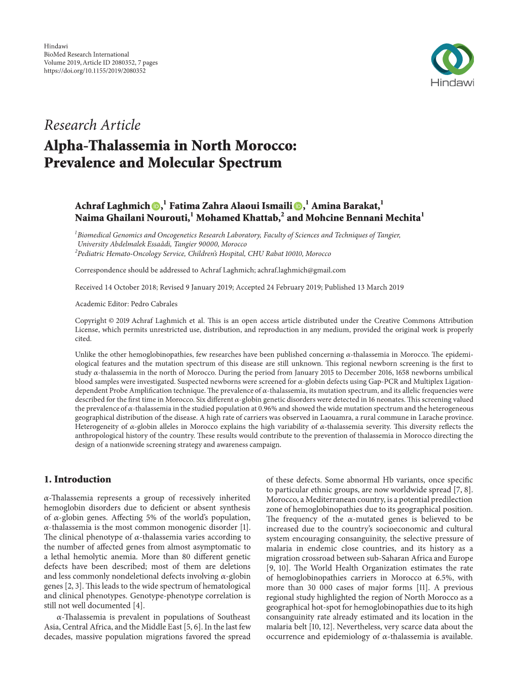 Research Article Alpha-Thalassemia in North Morocco: Prevalence and Molecular Spectrum